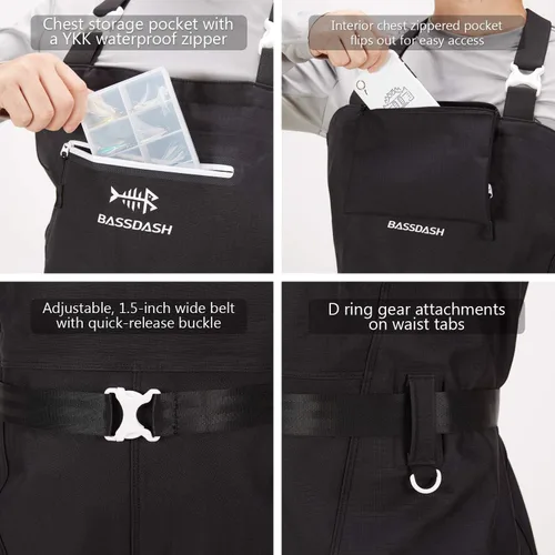 Miniatura 5 de BASSDASH 3D Vadeador con Botas Ultra Resistente Negro con Diseño de Plátanos en Nylon PVC para Pesca y Caza para Hombres Cuadros Negros