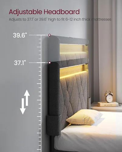 Miniatura 7 de VASAGLE Base de cama LED tamaño individual, cama individual con cabecera y 4 cajones, 1 puerto USB y 1 puerto tipo C, cabecera tapizada ajustable