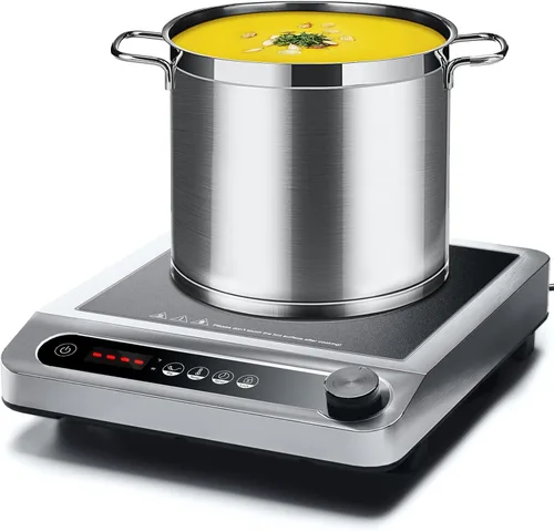 AMZCHEF Placa de cocción de inducción comercial, quemador de encimera de 1800 W con 18 ajustes de potencia y temperatura, doble IGBT, temporizador,