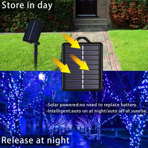 Miniatura 2 de Guirnalda de luces solares azules impermeables para exteriores, paquete de 2 unidades de 144 pies, 400 LED con 8 modos de impermeabilidad IP44