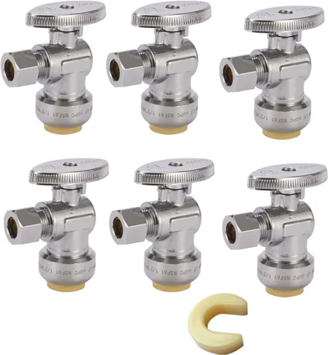 Miniatura 13 de Válvula de parada de ángulo de giro de 1/4, válvula de cierre de agua de compresión de 1/2 x 3/8 pulgadas con clip de desconexión, para PEX, cobre