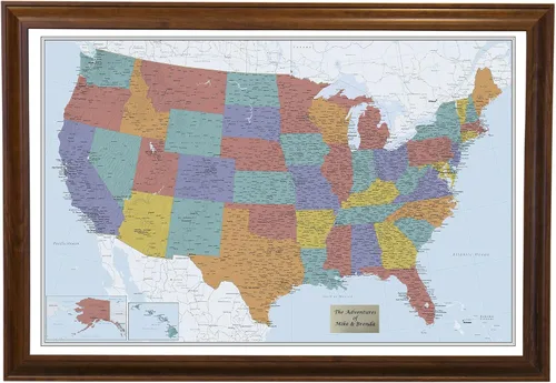 Miniatura 34 de Push Pin Travel Maps Lienzo personalizado Blue Oceans USA con marco gris de madera de granero