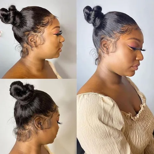 Miniatura 8 de Aaliweya Peluca de encaje frontal 360 HD con encaje frontal 360, peluca de cabello humano para mujer, densidad 180, prearrancada, sin pegamento, 1B