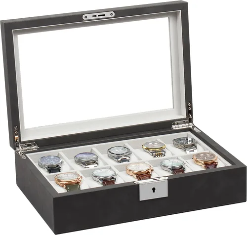 GUKA Caja de 10 ranuras para reloj, vitrina organizadora de cristal real, con estuche de lujo para hombres y mujeres, regalo (ranura para tarjetas