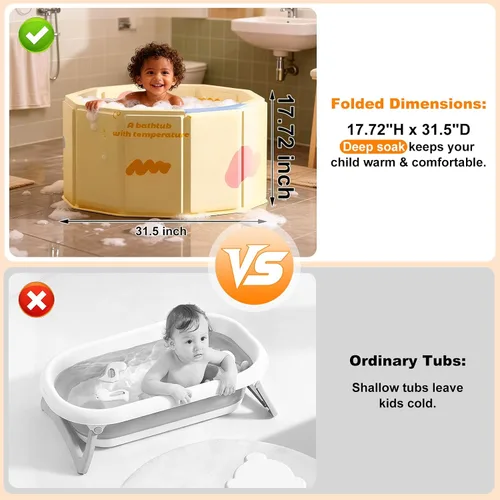 Bañera portátil para niños de 27.5 x 31.5 pulgadas, plegable, sin instalación, bañera de hielo para cabina de ducha, baño caliente, bañera de pie