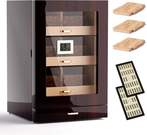 Woodronic - Gabinete humidor de puros con cajón de accesorios, puerta magnética, 3 cajones y divisores de cedro español y acabado de ébano