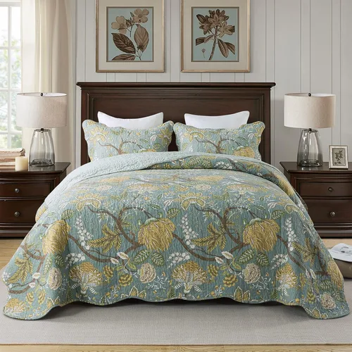 Miniatura 27 de Travan Juego de Edredón de 3 Piezas Tamaño King Colcha Acolchada Ligera Juego de Cubrecama Reversible con Estampado Floral Juego de Ropa de Cama