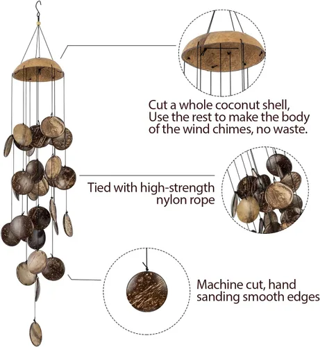 Miniatura 3 de Campanillas de viento de cáscara de coco para exteriores, campanillas de viento de madera hechas a mano de bambú para exteriores, mitad superior