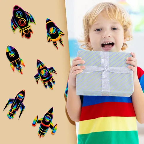 Miniatura 6 de Liliful Juego de 48 tarjetas de rascar de cohete con temática espacial para fiestas, manualidades, tarjetas de papel, recuerdos artísticos