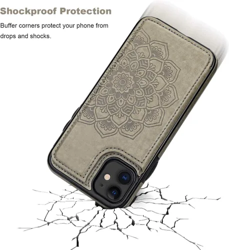 Miniatura 7 de Vaburs Funda compatible con iPhone 11 con tarjetero y diseño de mandala en relieve, piel sintética de alta calidad, doble botones magnéticos, a Gris