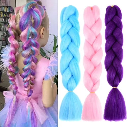 Miniatura 5 de Paquete de 3 extensiones de cabello trenzado de colores de 24 pulgadas, extensiones de cabello sintético para trenzar, morado, verde, amarillo