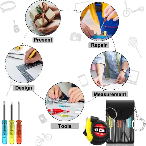 Miniatura 3 de Jutom Juego de 18 llaveros con mini destornillador, cinta métrica, luces LED, regalo para el día del padre, a granel para hombres adultos (colorido)