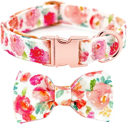 Miniatura 17 de Tunkoo Pink Daisy - Collar para perro con corbata de lazo de flores, collar ajustable de algodón de alta calidad, hebilla de metal duradera