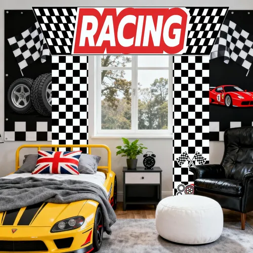 Miniatura 7 de Decoraciones para fiestas de autos de carreras, 3 piezas con temática de carreras, banderas a cuadros, para colgar en cabina de fotos de cumpleaños