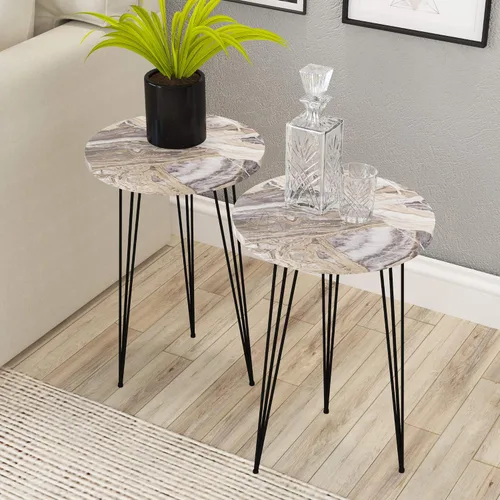 Miniatura 12 de Juego de 2 mesas auxiliares redondas de madera para sofá para espacios pequeños, mesita de noche con patas de metal para dormitorio, sala de estar