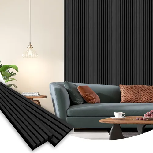 Paneles Acústicos de Listones de Madera, 94" x 23.6" Cada Panel de Pared de Listones de Madera Insonorizante, Negro Clásico, Paquete de 2