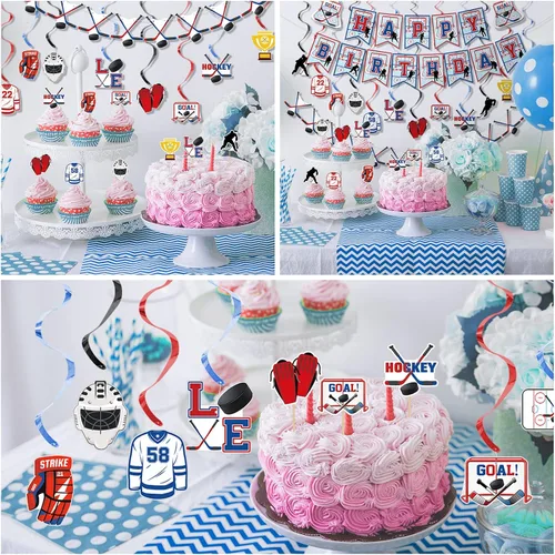 Miniatura 7 de 27 piezas de suministros de fiesta de cumpleaños de hockey bola de hielo, regalos de fiesta de hockey para cupcakes, remolinos colgantes
