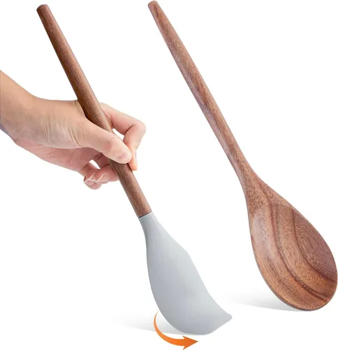 Miniatura 9 de Juego de 2 espátulas de silicona para hornear y cocinar, para mezclar buenos agarres, espátulas de acacia, grado alimenticio, mango de madera maciza