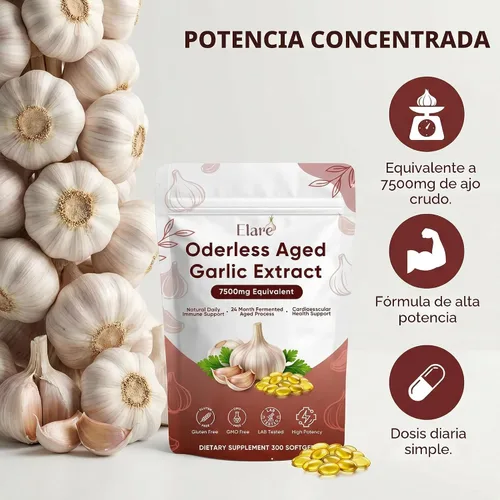 Miniatura 2 de Elare Extracto de ajo añejo: 300 cápsulas blandas, suplemento de ajo inodoro, 2 años de maduración, apoya la salud del corazón, el sistema