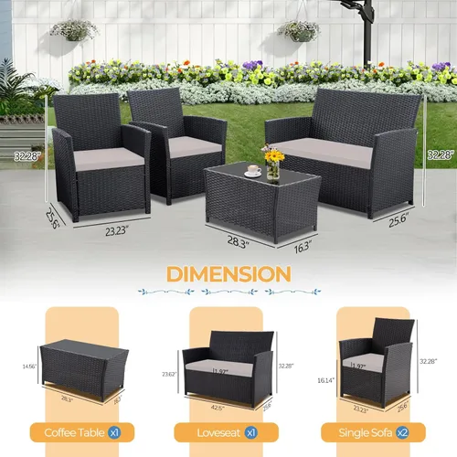 Miniatura 6 de FHFO Juego de 4 muebles de patio al aire libre, muebles de exterior, juego de sofá modular de mimbre para conversación al aire libre, juego de sofá
