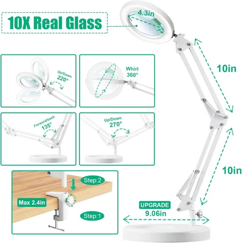 Miniatura 8 de Lámpara de lupa 10X con luz y soporte, lámpara de lupa LED 2 en 1, lupa con luz de 3 colores y atenuación sin escalones, lámpara de lupa de vidrio