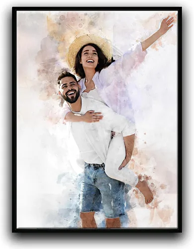 Lienzo de pintura de acuarela personalizada con tu foto, retrato enmarcado, arte de pared para decoración del hogar, regalo conmemorativo Negro