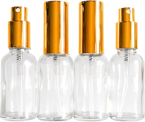 Miniatura 3 de Paquete de 12 botellas de vidrio transparente de 1 onza para aceites esenciales, botella de spray pequeña, aerosol de niebla fina, rociador dorado