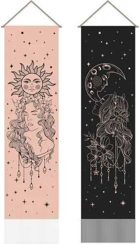 Miniatura 10 de AHANDMAKER 2 tapices de flores y hojas, tapiz de sol y luna, psicodélico largo vertical para colgar en la pared, tapices de estética botánica, tapiz