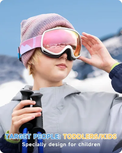 Miniatura 4 de findway Gafas de esquí para niños, gafas de snowboard para niños y niñas de 3 a 12 años Marco blanco lente rosa plata (vlt 21%)