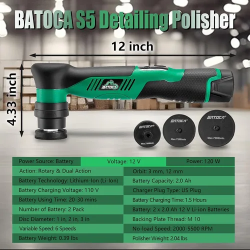 Miniatura 5 de BATOCA S5 Pulidora de búfer para automóvil sin cable, máquina pulidora de acción dual y rotativa, almohadillas de pulido de 1/2/3 pulgadas