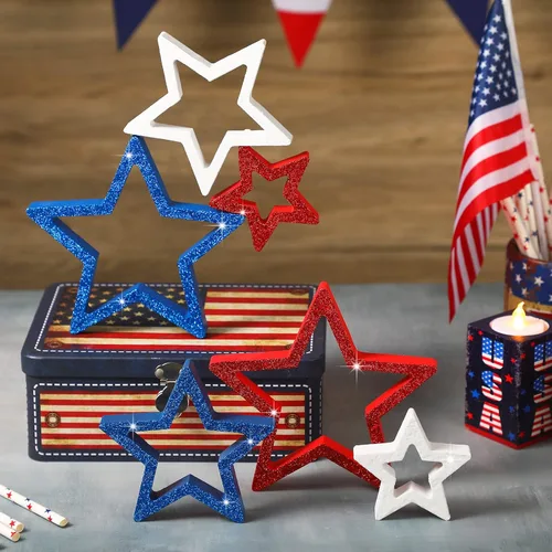 Miniatura 8 de Blulu 3 piezas de decoración patriótica del 4 de julio, letreros de madera de estrella de Estados Unidos, color rojo, blanco y azul, estrella