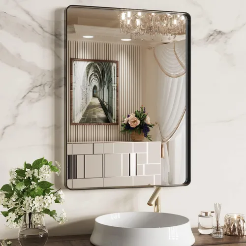 Miniatura 46 de WEER - Espejo de baño dorado, espejo de 40x32 pulgadas con marco de metal dorado cepillado, espejo de tocador de baño de oro para pared