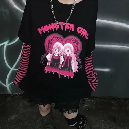 Miniatura 3 de PAROSEN Camisa gótica para mujer, camisas kawaii Harajuku moda gótica Y2K Grunge Tops para adolescentes niñas Anime manga larga