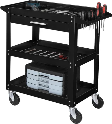 Miniatura 10 de TUFFIOM - Carrito de herramientas rodante de 2 niveles, carrito de servicio industrial con ruedas con 2 frenos, carrito utilitario de acero