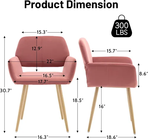 Miniatura 3 de KCC Sillas Pequeñas y Modernas con Brazos para Comedor 1 Pieza, Asiento Lateral Tapizado en Terciopelo de Mediados de Siglo Club para Invitados