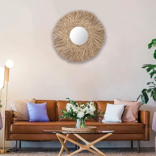 Miniatura 3 de Pssopp Espejo de pared de tejido de paja, espejo de decoración de pared, imágenes HD, hermoso retro, fácil de colgar, decorativo para baño (natural)