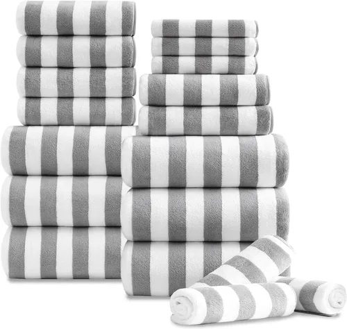 Miniatura 10 de Juego de 18 toallas de baño de rayas color blanco y negro con lazo para colgar, 6 toallas de baño, 6 toallas de mano, 6 toallas familiares, juego