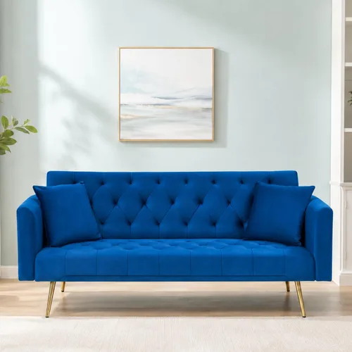 Majnesvon Sofá cama plegable convertible de 71 pulgadas, moderno sofá biplaza de terciopelo con 2 almohadas, sofá cama futón con colchón y marco Azul
