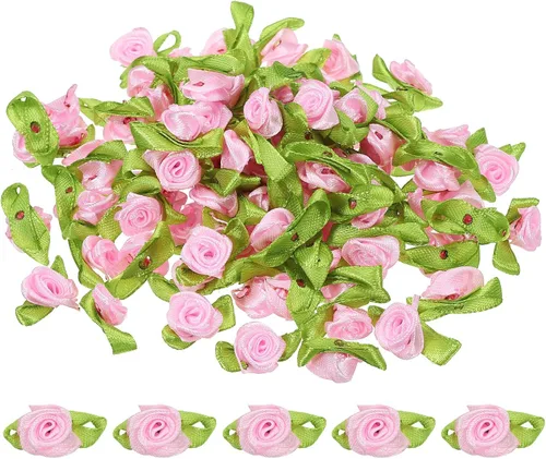 Miniatura 12 de PATIKIL Mini rosas de cinta, 200 unidades, pequeñas flores de tela de satén con adornos de hojas verdes, rosetas para manualidades, costura, boda