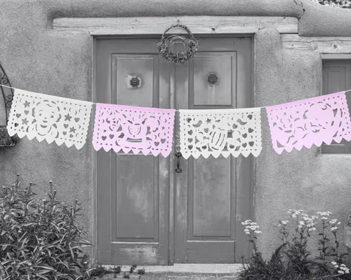 Miniatura 7 de Pancartas de fiesta de baby shower de niña rosa/blanca – Decoraciones de baby shower rosa Fiesta Papel Picado, guirnaldas de papel con serpentinas