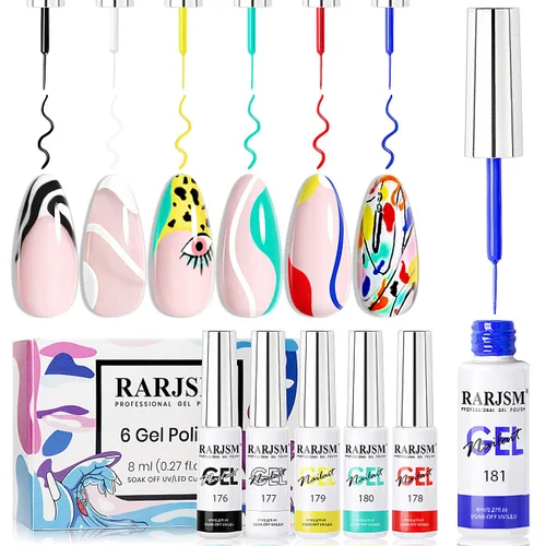 Miniatura 12 de RARJSM Juego de 6 esmaltes de gel para arte de uñas, color popular, negro, blanco, rosa, rojo, brillantina, plata, oro, curado, requiere remojar