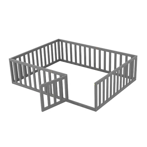 Miniatura 4 de Bellemave Cama de suelo Queen para niños, marco de cama Montessori con barandillas y puerta en forma de valla, cama Queen de madera para niños, Gris