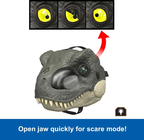 Miniatura 5 de Mattel Jurassic World Rebirth T-Rex Rage N Roar Máscara con ojos iluminados LED, acción de parpadeo con efecto de agresión de 3 niveles, disfraz