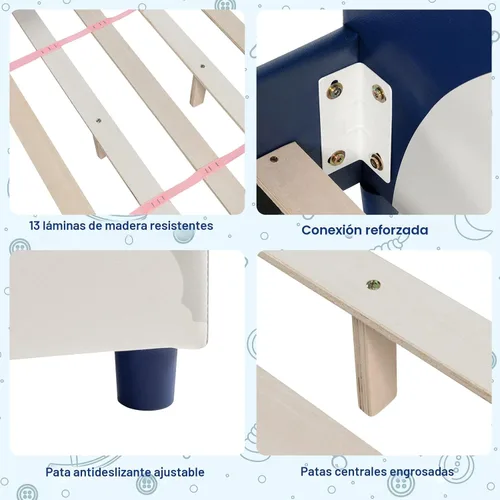 Miniatura 7 de Costzon Armazones de Cama Individual para Niños, Plataforma de Cama Individual Tapizada de Madera con Soporte de Listones, Cabecera y Pie de Cama