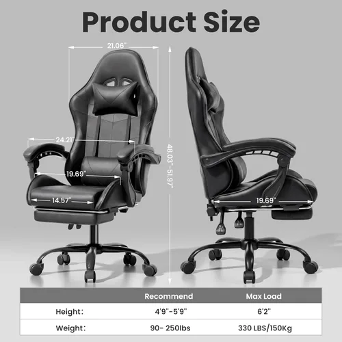 Miniatura 3 de Silla de juegos, silla ergonómica para computadora con reposapiés y soporte lumbar, silla de oficina ajustable en altura con asiento giratorio