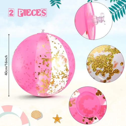 Miniatura 5 de BBTO Pelota de playa inflable con purpurina de 16 pulgadas, bolas de confeti para piscina, bolas de playa rosas para adultos, niños y niñas