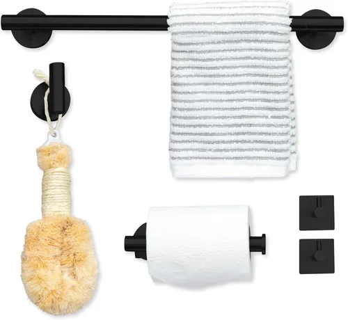 Ilyapa Juego de accesorios de baño negro, juego de 5 piezas de toallero negro mate montado en la pared, toallero, 1 gancho grande, 2 ganchos
