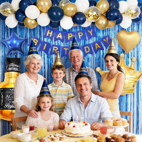 Miniatura 4 de Decoraciones de cumpleaños azul marino para hombres con pancarta de feliz cumpleaños, cortinas, botella, corona, globos de estrella de corazón y luz