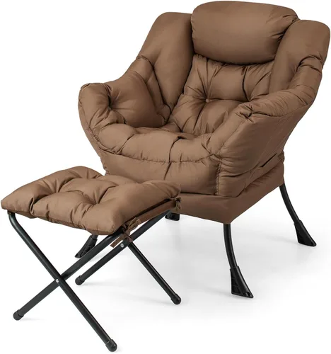 Miniatura 14 de Silla Lazy con otomana, silla decorativa moderna con reposabrazos y bolsillo lateral, sofá tapizado y reposapiés plegable, silla de lectura