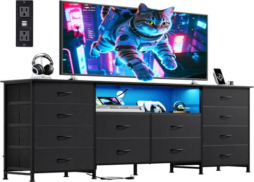 Miniatura 15 de WLIVE Soporte de TV de 75.5 pulgadas para TV de 65, 75, 80, 85 pulgadas, cómoda para dormitorio con tomas de corriente y luces LED, cómoda de tela